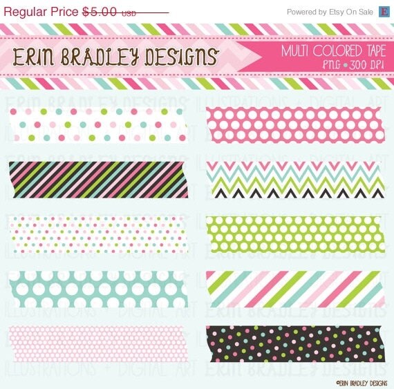 50% OFF SALE Multi Colored Polka Dotted and Striped Washi Tape Clipart Graphics Commercial Use Instant Download Il_570xn