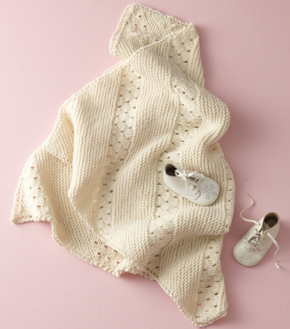 Diagonal Eyelet Baby Blanket White Knit Afghan by KerrySisters