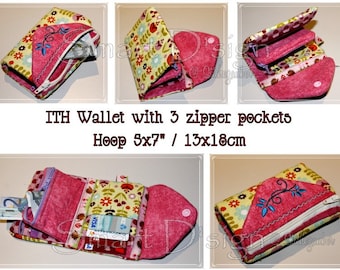 ITH WALLET with up to 3 zipper pockets Embroidery Design File 13x18 cm 5x7" In The Hoop