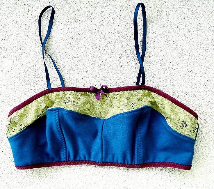 Organic cotton bralette peacock blue and green lace soft