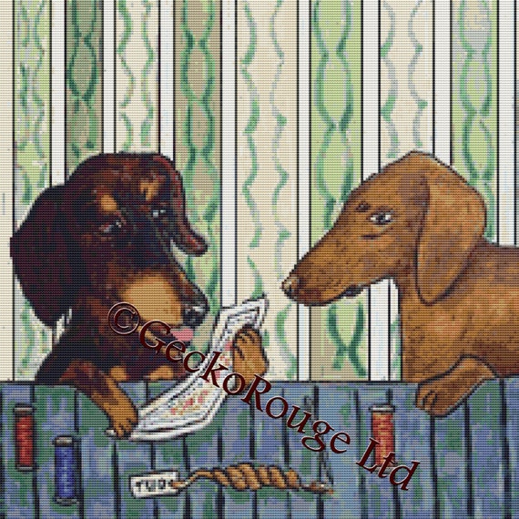 Items similar to Modern Cross Stitch Kit Dachshund dogs doing