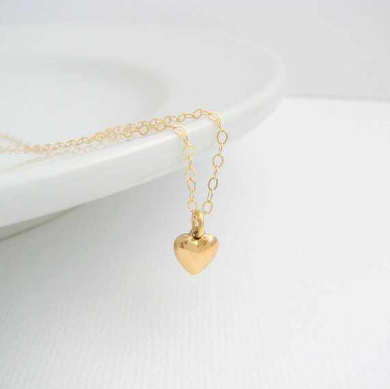 tiny gold heart necklace. small puffed heart. by limegreenmodern