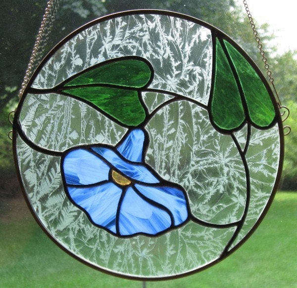 Morning Glory Round Stained Glass Panel blue design window