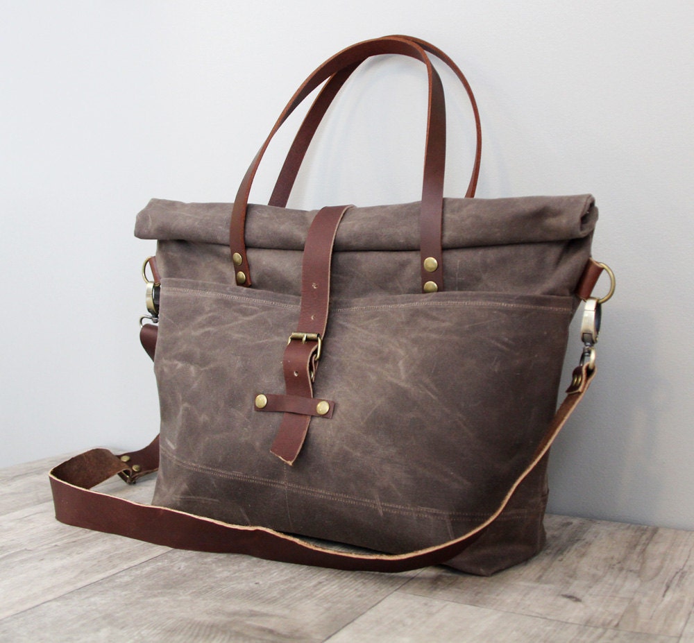 Waxed Canvas Tote Roll Top Cross Body Leather Handles