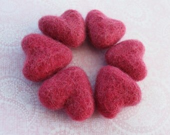 Felt Rasberry Pink Hearts - 6 Pure Wool Beads 30mm -