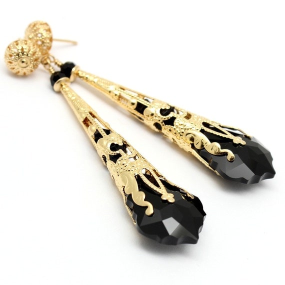 Long Earrings,Steampunk Earrings,Gold Filigree Black Earrings,Victorian Bridal Bridesmaids Post,Baroque Swarovski Crystal, Custom Colors by martaky steampunk buy now online