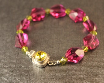 The Lori Hot Pink/Fuschia Crystal Nugget and Swarovski Bicone Lime Green Crystal Bracelet w Peridot Hued Crystal and Sterling Silver Clasp