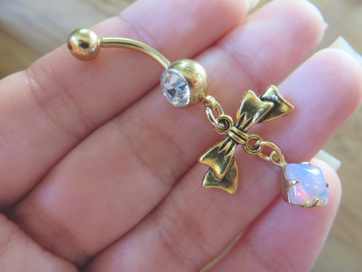 Bow Belly Button Ring Navel Jewelry Piercing Gold Pink Opal