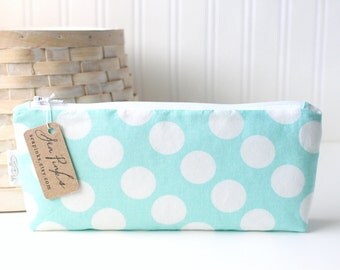 Turquoise Aqua Blue and White Polka Dots Cute Pencil Case Long Zipper Pouch