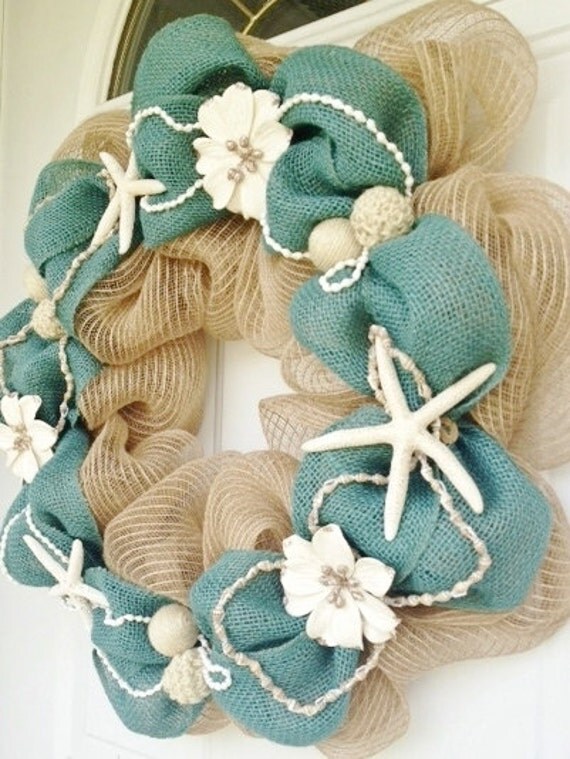 Items similar to Deco Mesh and Burlap Beach Themed Wreath on Etsy