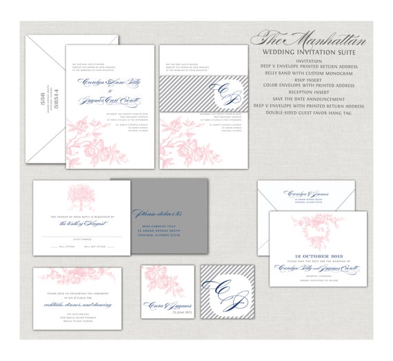 Romantic Wedding Invitations The Manhattan in Navy Blue, Gray and Blush Pink with belly band and custom monogram, detailed roses Il_570xn