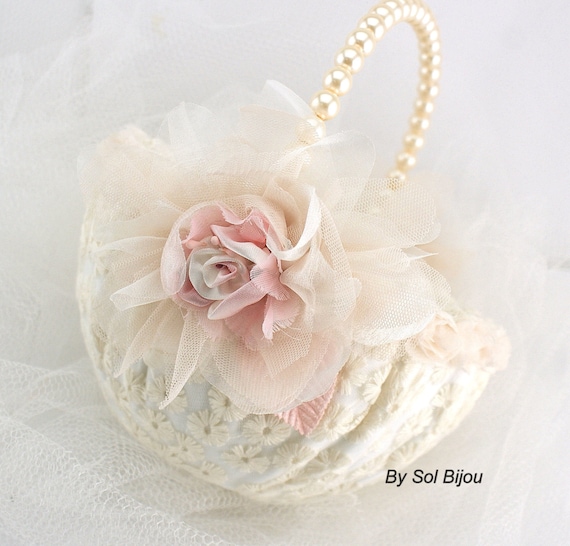 Flower Girl Basket Bridal Basket in Ivory and Light Pink with Lace and Pearls- Vintage Touch