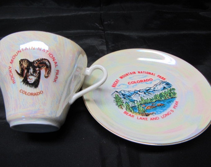 Luster Ware Rocky Mountain Souvenir Cup and Saucer Made in Japan, Collectible Serving Souvenir Set, Lusterware Set, Cup Saucer Display Set