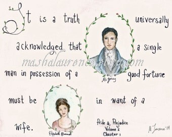 It is a truth universally acknowledged... Pride and Prejudice Art Print. Jane Austen art.