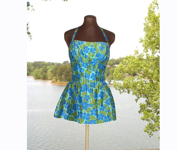 1950s swimsuit, Catalina swimsuit, skirted swimsuit, Masterpiece suit, play suit, blue green, skirted romper, Size S Small