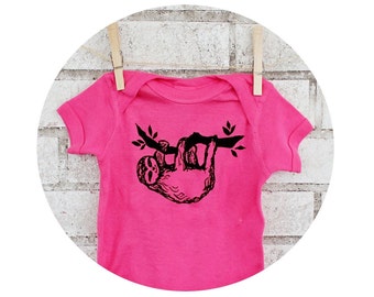 Three Toed Sloth Baby Shirt, Sleepy Sloth Hanging From a Tree, Onepiece Bodysuit, Baby Girl, Infant Clothing, Wild Animal, Hot Pink, Clothes