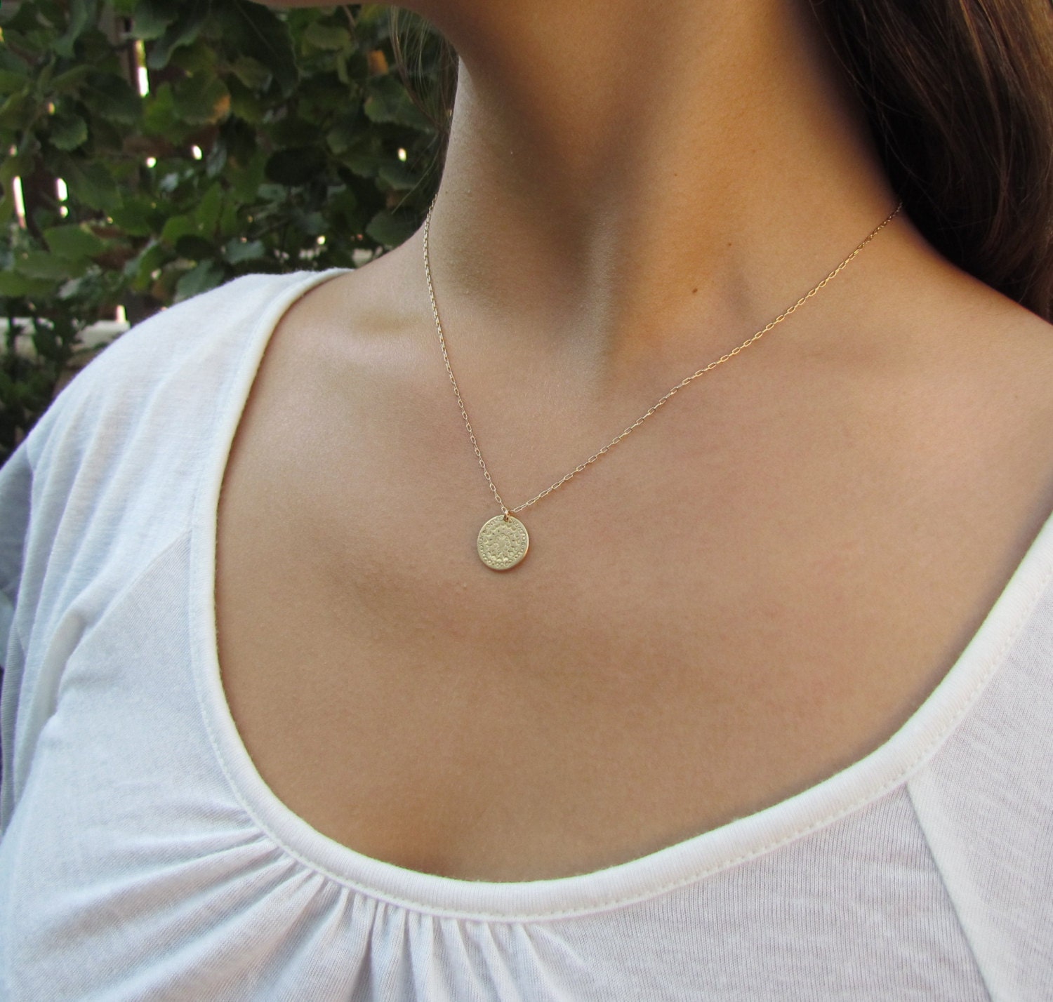 Gold Disc Necklace Hammered Gold Disc Necklace Simple Gold