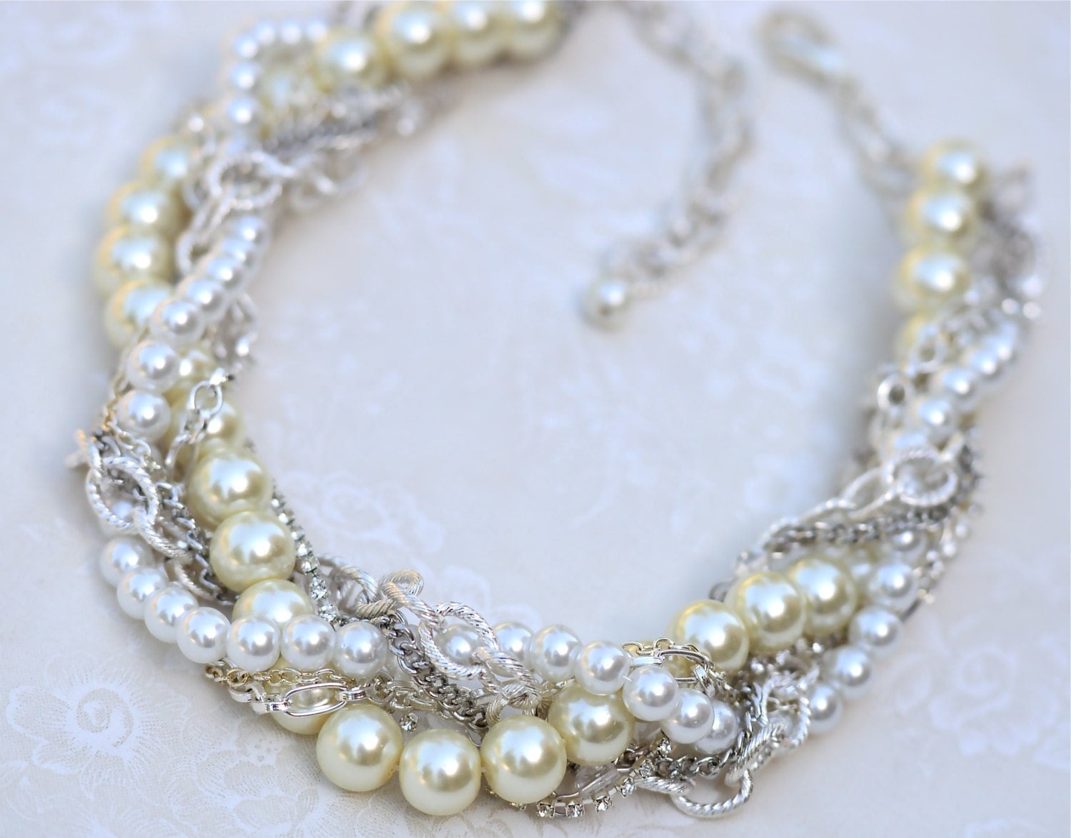 Bridal Necklace Chunky Pearl Rhinestone Silver Necklace Bridal