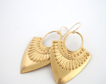 Brass Art Deco Earrings, Gold Earrings,Stamped Metal Earrings, Pattern Earrings, Statement Earrings, Gold Tribal Earrings