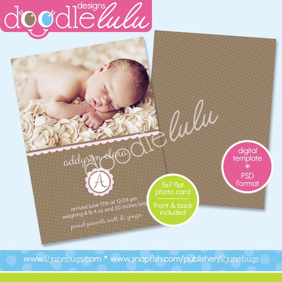 INSTANT DOWNLOAD 5x7 Pink Brown Monogram Girl Photo Birth Announcement EDITABLE Photoshop psd Template - Doodlelulu by 2 june bugs Il_570xn