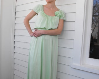 Light Green Dress Maxi Formal Mint Vintage 70s Spring S XS