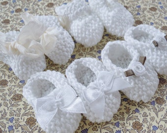Girl baby shower decorations: 4 pairs hand knit white mini booties - 2 inches bows flowers ribbons