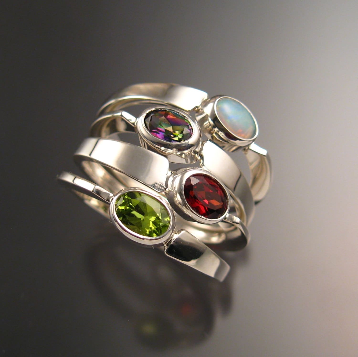 Stackable Mothers Birthstone ring set of Four asymmetrical