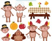 Thanksgiving Monkeys Cute Digital Clipart - Commercial Use OK - Thanksgiving Graphics, Thanksgiving Clipart, Pilgrim Clipart Il_170x135
