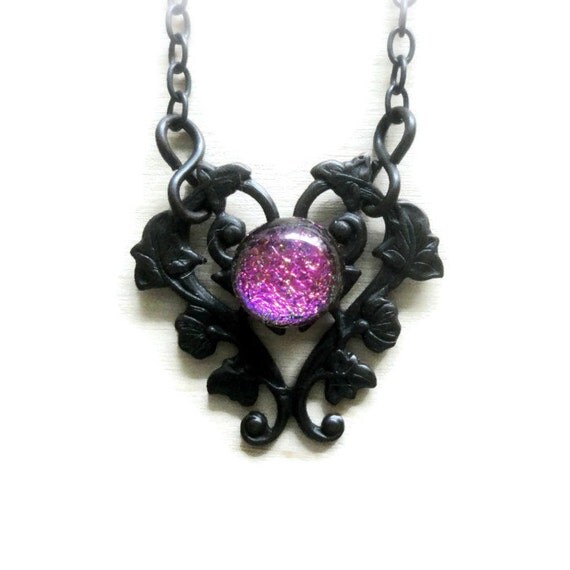 Black Filigree Necklace Gothic Jewelry Pink Fused Glass Jewelry Black ...