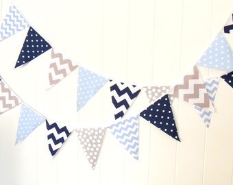 Bunting, Garland banner, Fabric Party Flags, Light Blue, Navy Blue, Grey, Polka Dot, Chevron, Boy Baby Shower, Birthday Garland, Photo Prop,