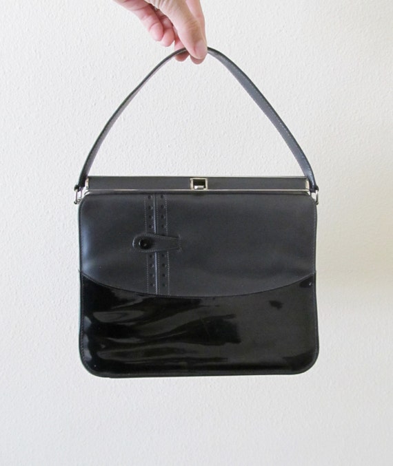 Vintage 1960's Handbag  Grey NATURALIZER Purse  60's Black Patent ...