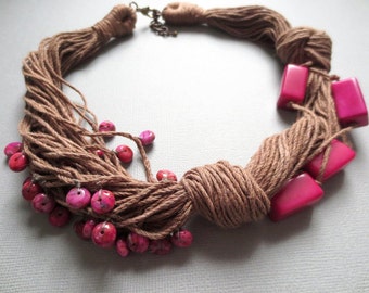 Tagua Nut Necklace, Linen Necklace, Boho Necklace , Fuchsia Beads, Agait Beads, Linen Cord, Asymmetric Necklace