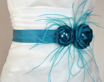 Handcraft Teal Two Flowers With Feathers Wedding Bridal Sash Belt
