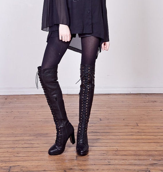 AMAZING Black Leather Thigh High OTK Lace Up Heeled Boots size