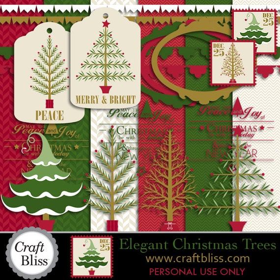Christmas Clip Art Gift Wrap Digital Christmas Paper Gift Tags Christmas Cards Digital Scrapbook Kit Craft Supplies Elegant Christmas Tree Il_570xn