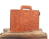 Vintage Rugged Tooled And Tan Leather Satchel Briefcase