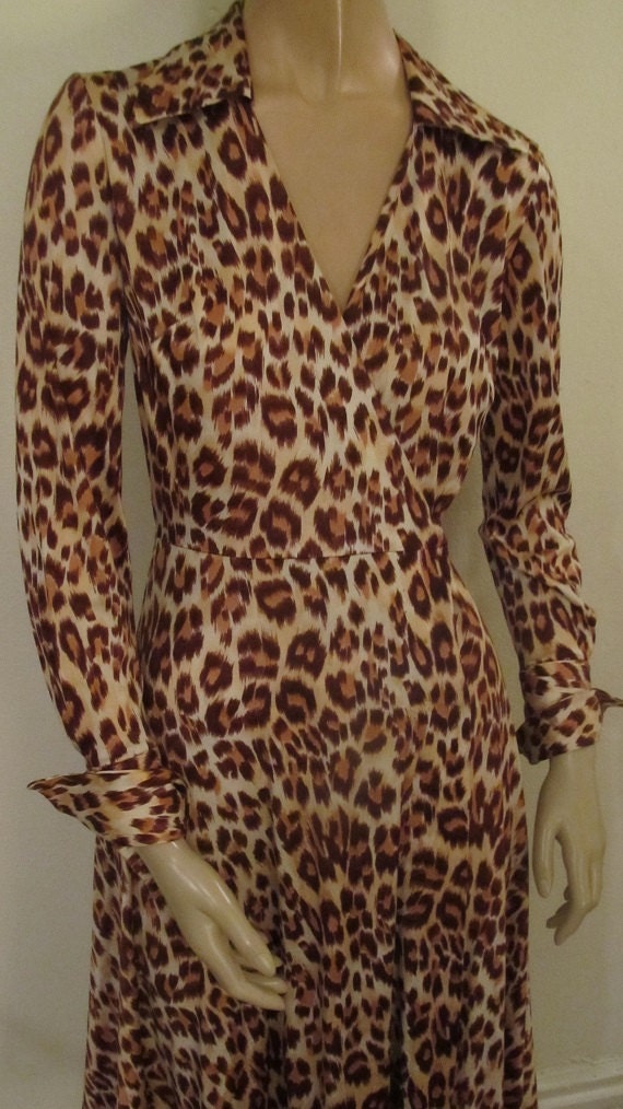 SALE 1970's Classic Wrap Poly Knit Leopard Print Dress