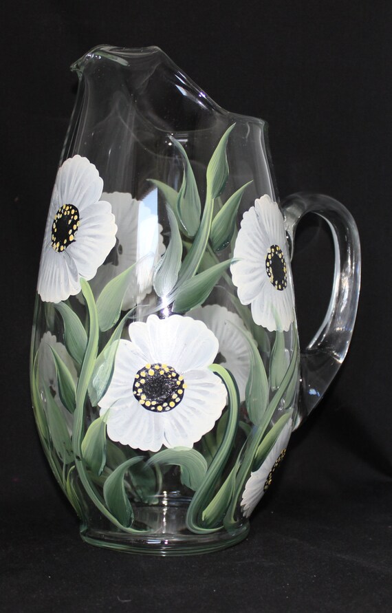 Items similar to Hand Painted Glass Pitcher (1) White Flowers. Wedding