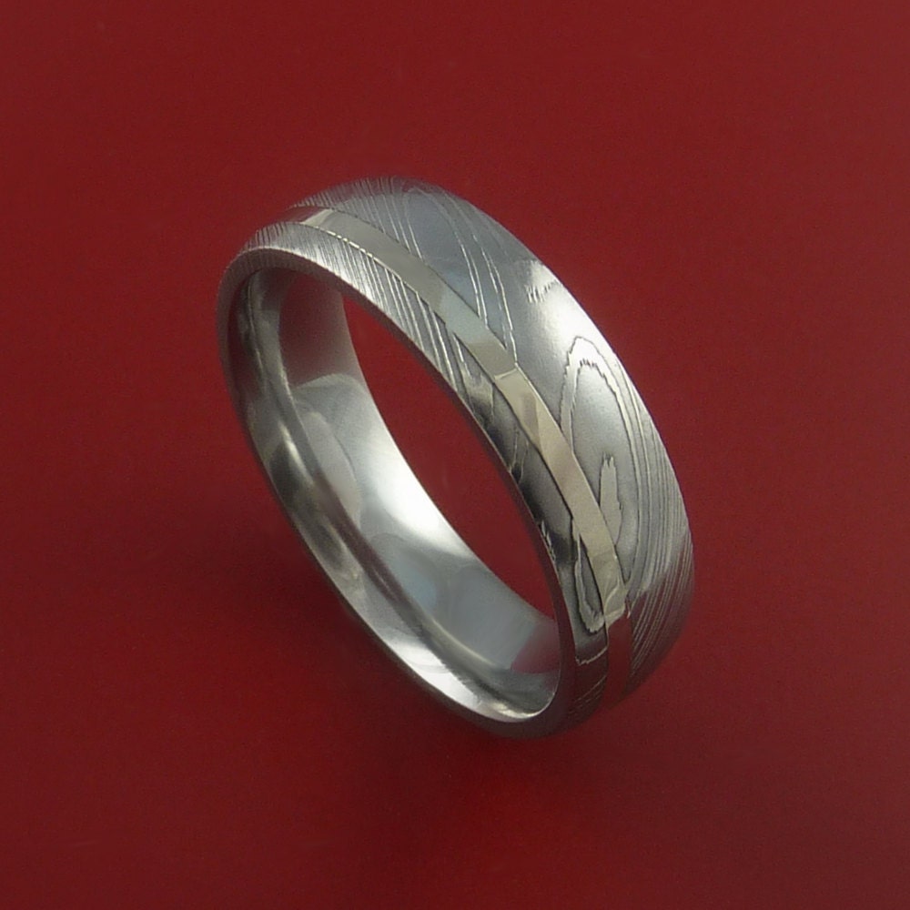 Damascus Steel 14K White Gold Ring Hand Crafted Wedding Band