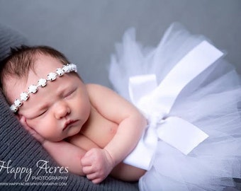 White Newborn Tutu, Tutu and Vintage Style Headband, newborn photography prop, baby tutu