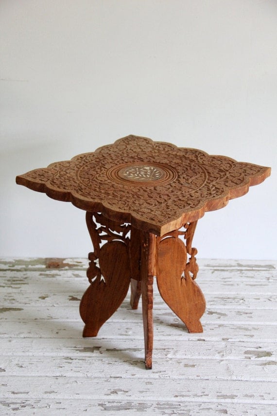 vintage carved inlaid table wood side table / by wretchedshekels