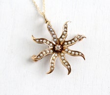 ... Gold Diamond Pearl Edwardian Necklace- Starburst Flower Pendant Fine