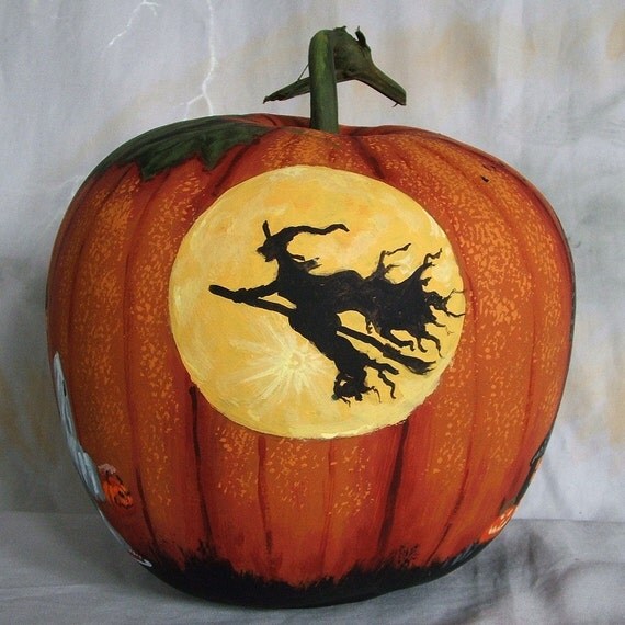 Trick or Treaters witch house pumpkin gourd hand painted