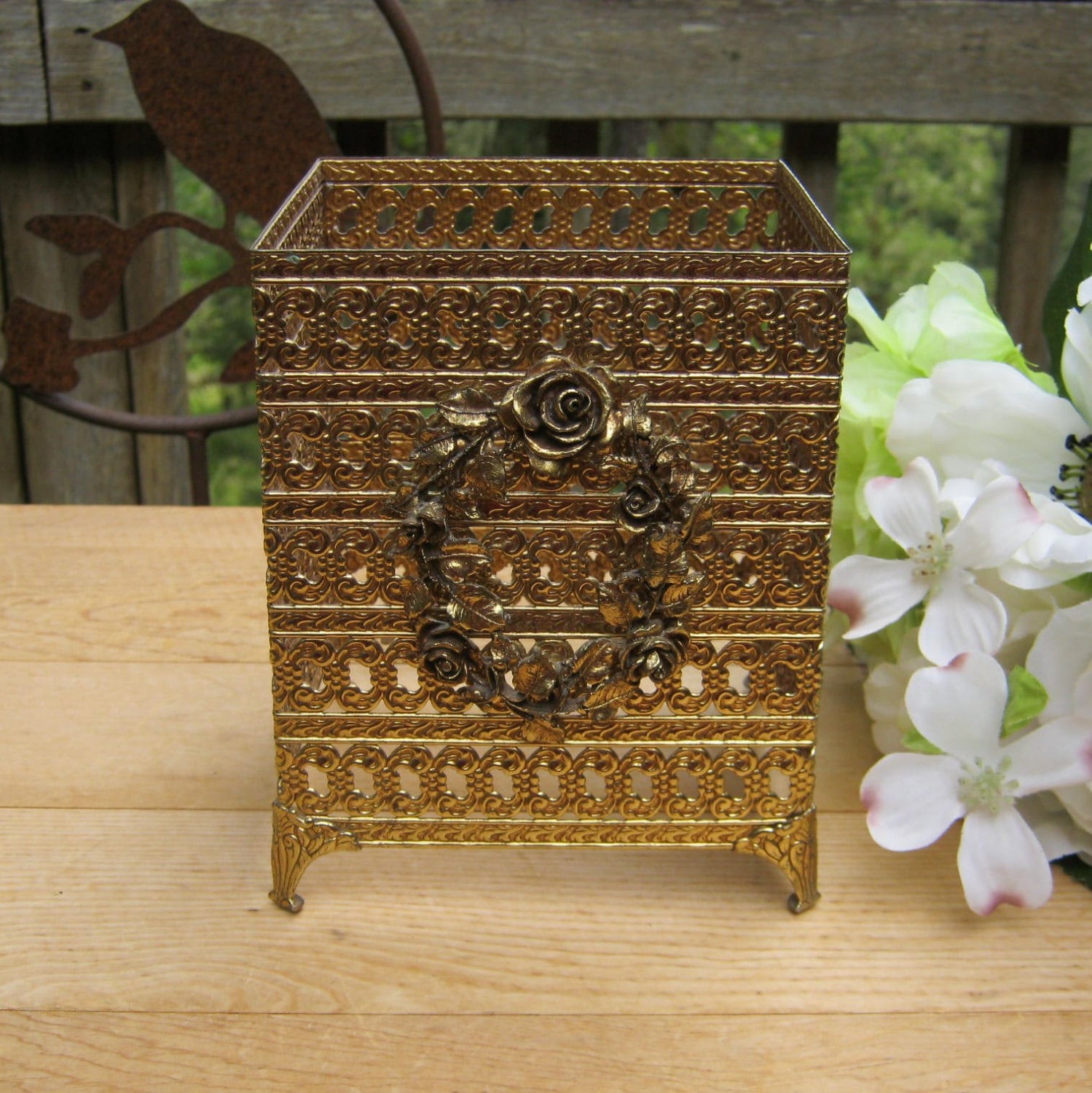 Ornate Footed Brass Tissue Holder with Rose Wreath Motif Kleenex Box