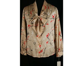 XL Splatter Print 70s Suit Blouse - Size 16 1970s Shirt - Long Sleeved Top - Business Wear - Tan Khaki & Red Abstract - Bust 42 - 31678-1
