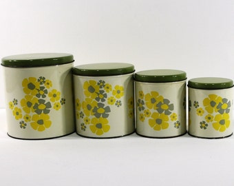 Set of Four Vintage Tin Canisters, Mod Flower Design