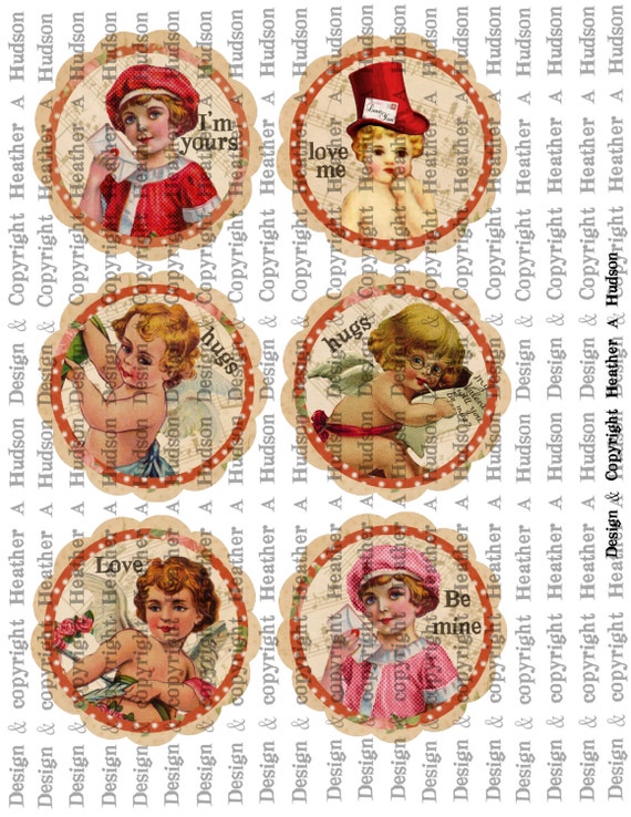 Vintage Shabby Chic Valentine Cherub, cupid Focals  tags Ornaments  Digital Collage sheet Printable
