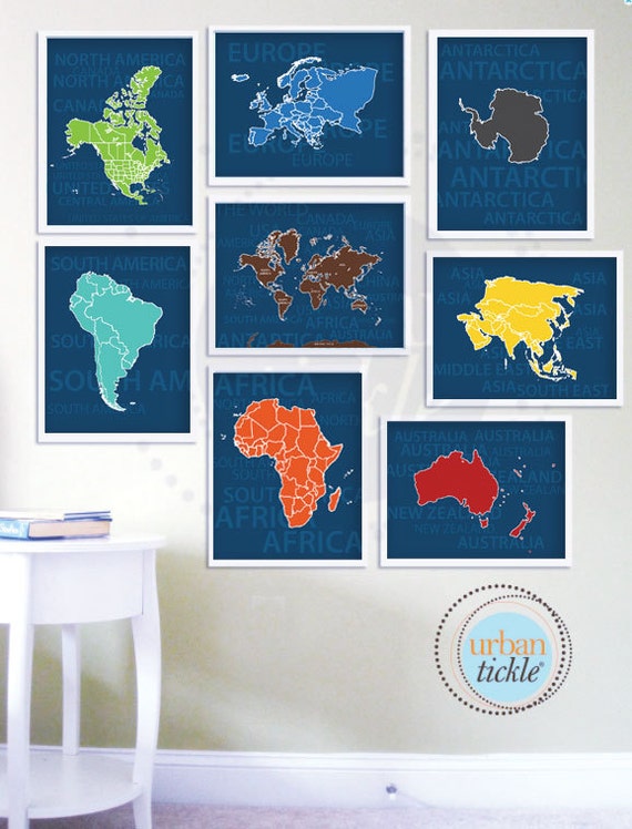 Continents Wall Art Nursery Blue Continents Set of Eight