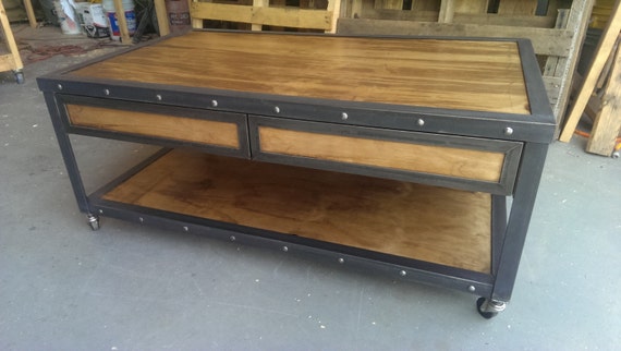 Industrial Coffee Table with Drawers