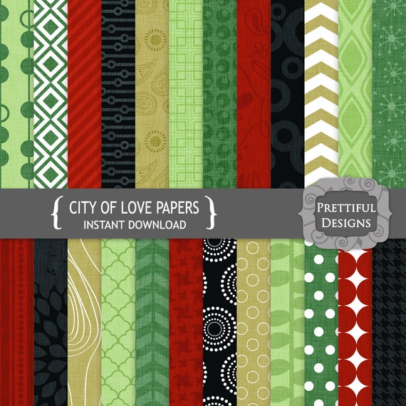 35% OFF SALE Digital Paper Digital Scrapbook Papers Green Navy Red Texture Papers Instant Download - City of Love (797) Il_570xn